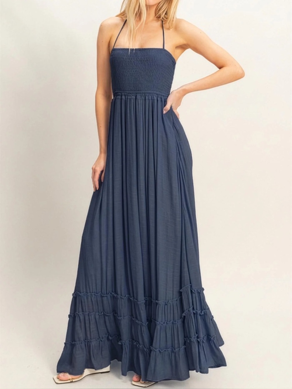 NWT Tiered Boho Smocked Halter Strappy Back Maxi Dress Navy Blue - Picture 5 of 8